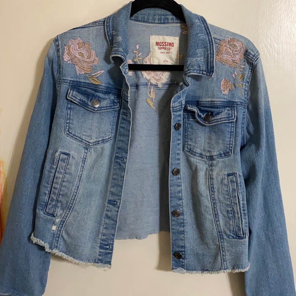 Jean jacket with flower embroidery on front & back